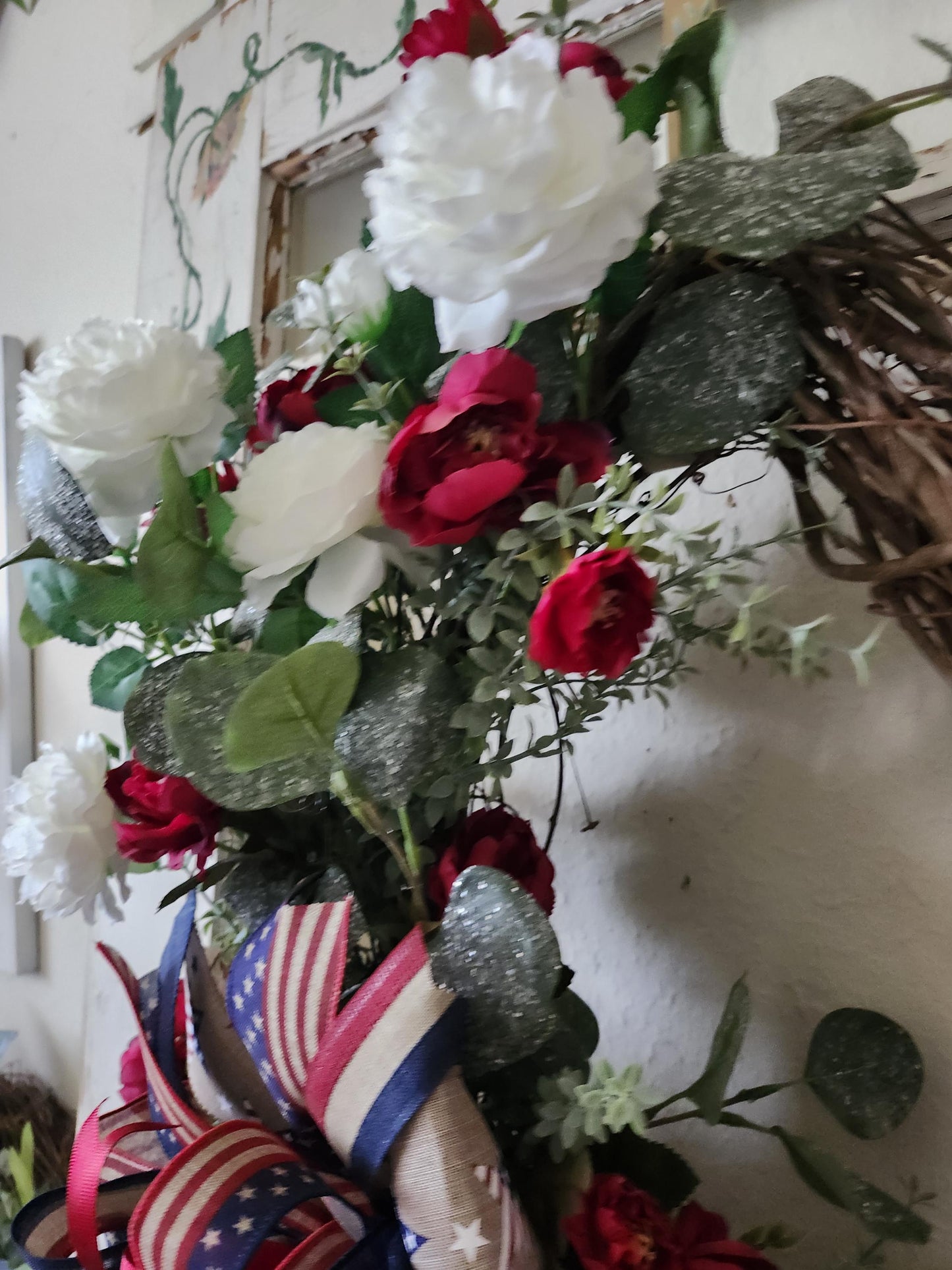 Patriotic Floral Door Swag, Red White Blue Wreath, Americana Front Door Decor, Summer Memorial Day Wreath, Rustic Elegant Wreath