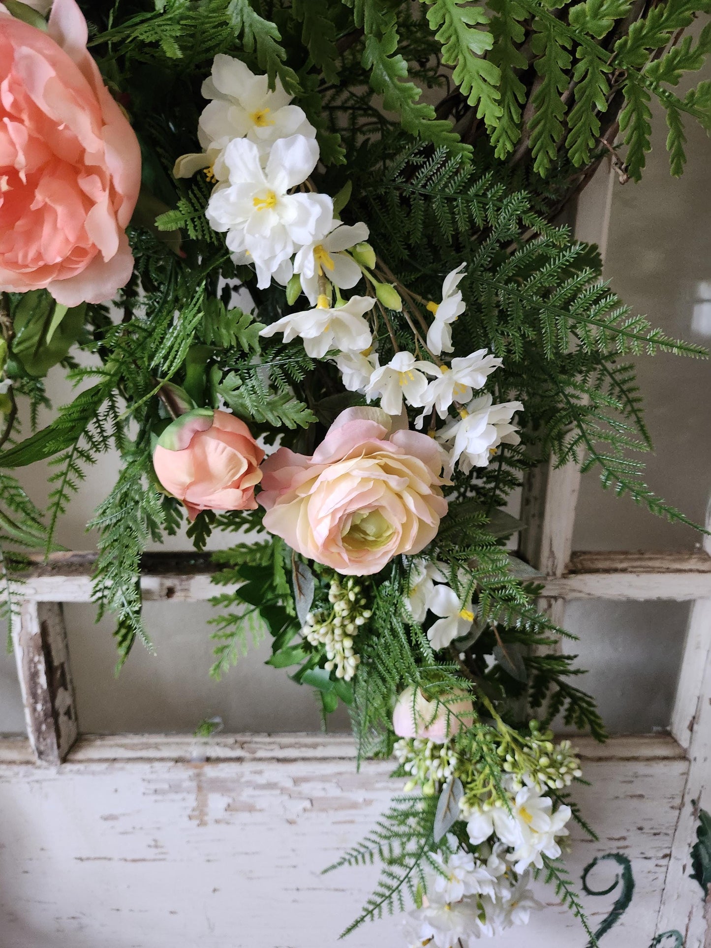 Peach & Cream Cascading Spring Wreath, Asymmetrical Garden Wreath, Romantic Bridal Door Decor, Elegant Year Round Wreath, Moss and Manor
