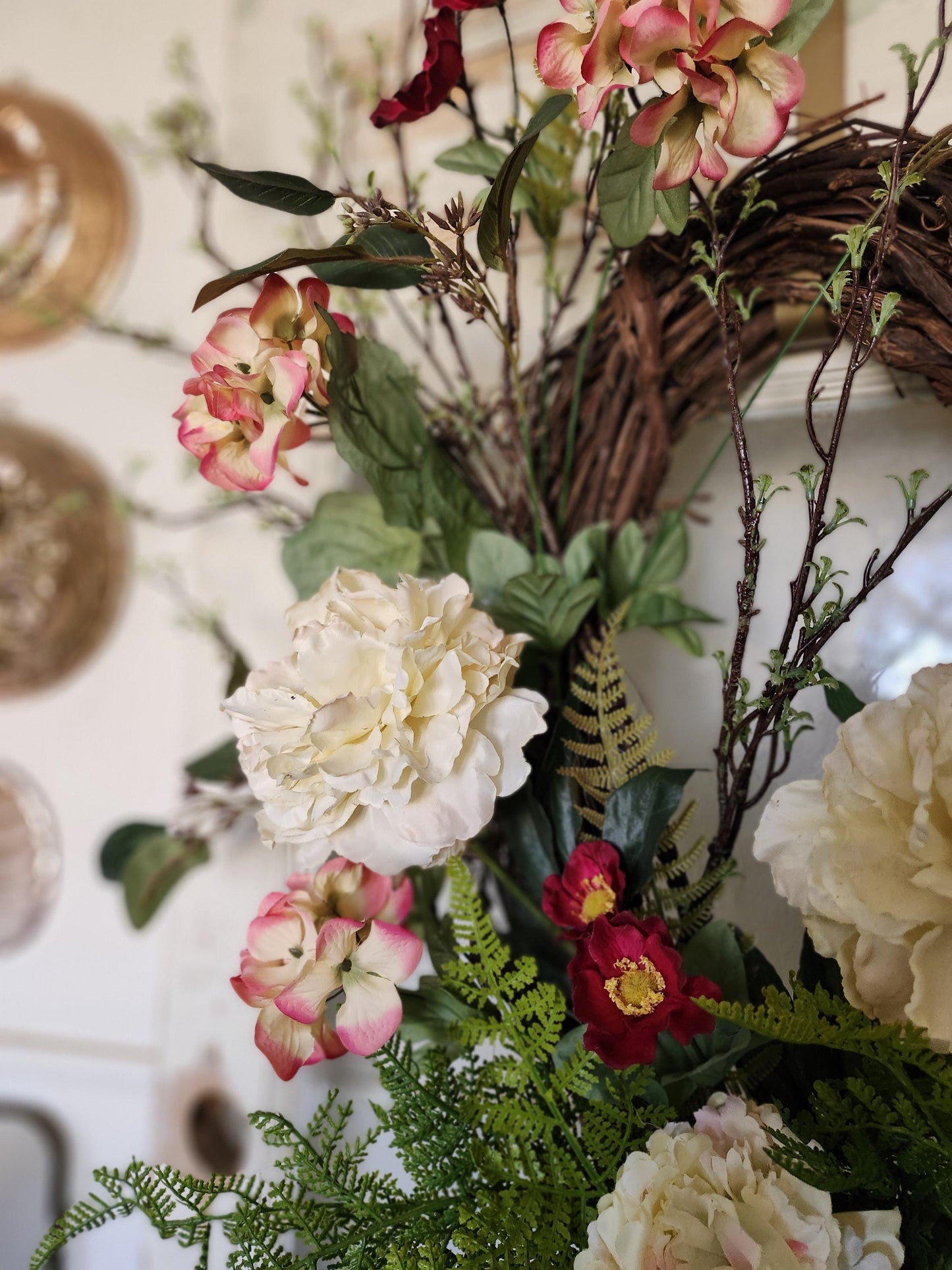 Estate Garden Wreath – Cream Peony, Raspberry Bloom Grapevine Door Decor