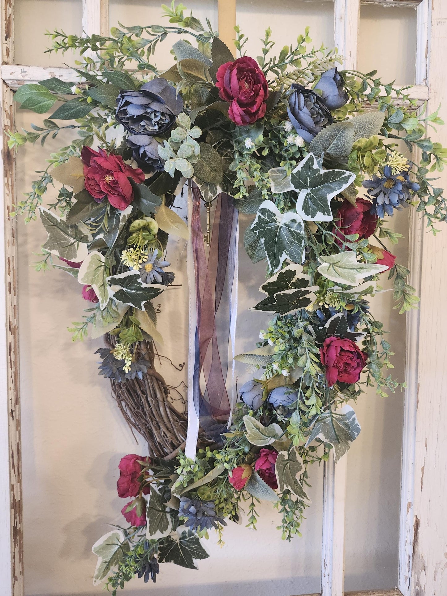 Patriotic Floral Wreath, Red Blue Summer Wreath, Elegant Americana Decor, Grapevine Cascade Wreath, Front Door Wreath, Estate Style