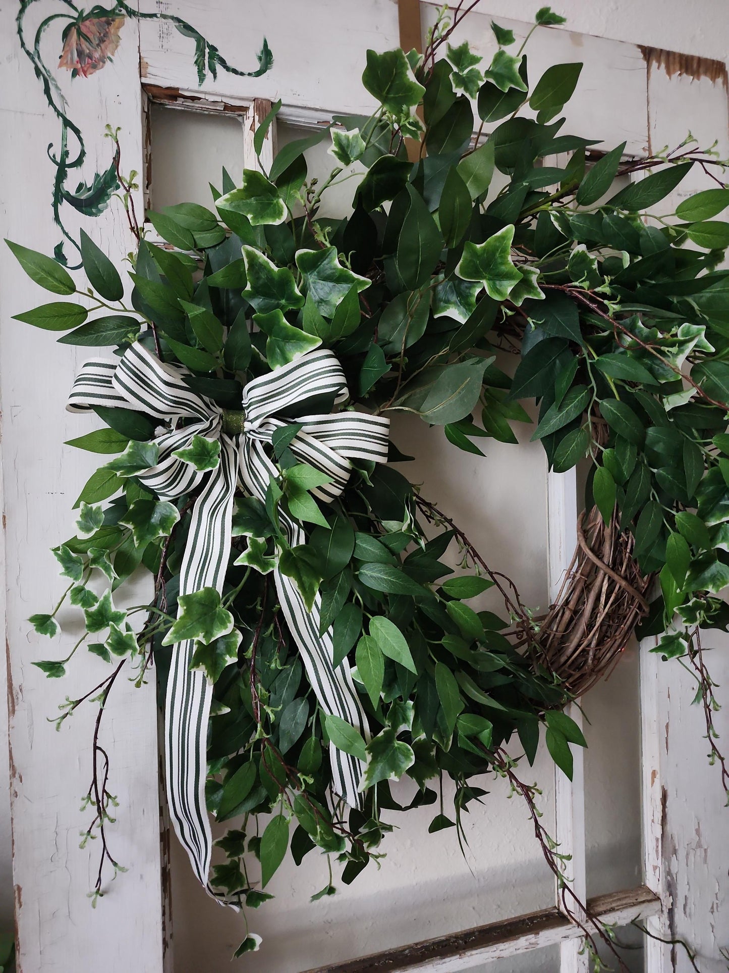 Classic Ivy Estate Wreath | Greenery Door Wreath with Striped Ribbon | Farmhouse Front Door Decor | Everyday Neutral Wreath