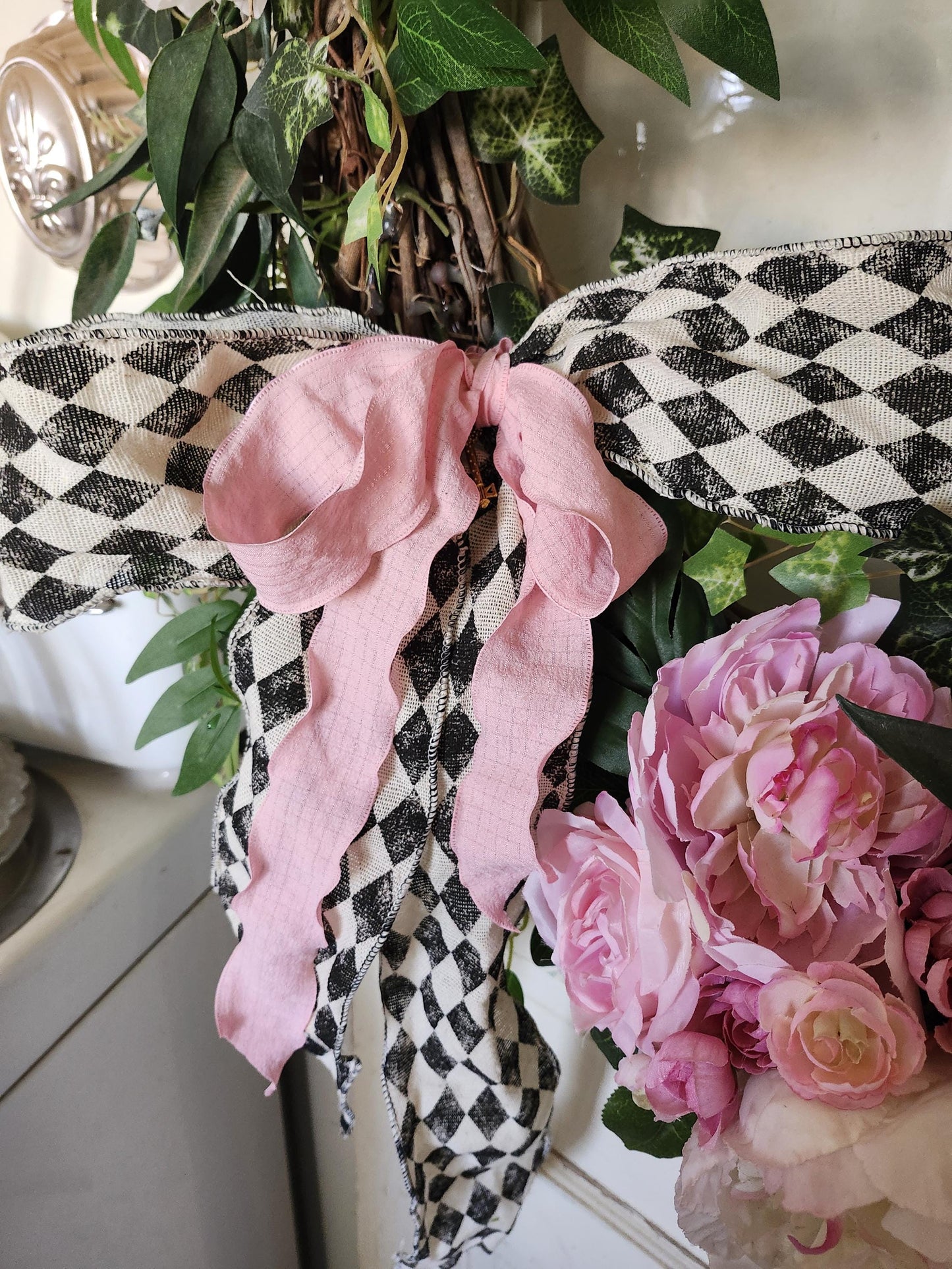 Extra Large Pink Peony Estate Wreath: Romantic Garden Door Decor, Harlequin Bow