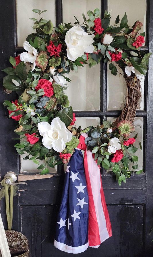 Patriotic Magnolia Wreath with American Flag Sash | Red White Blue Summer Door Decor | Memorial Day 4th of July Wreath | Front Door Wreath