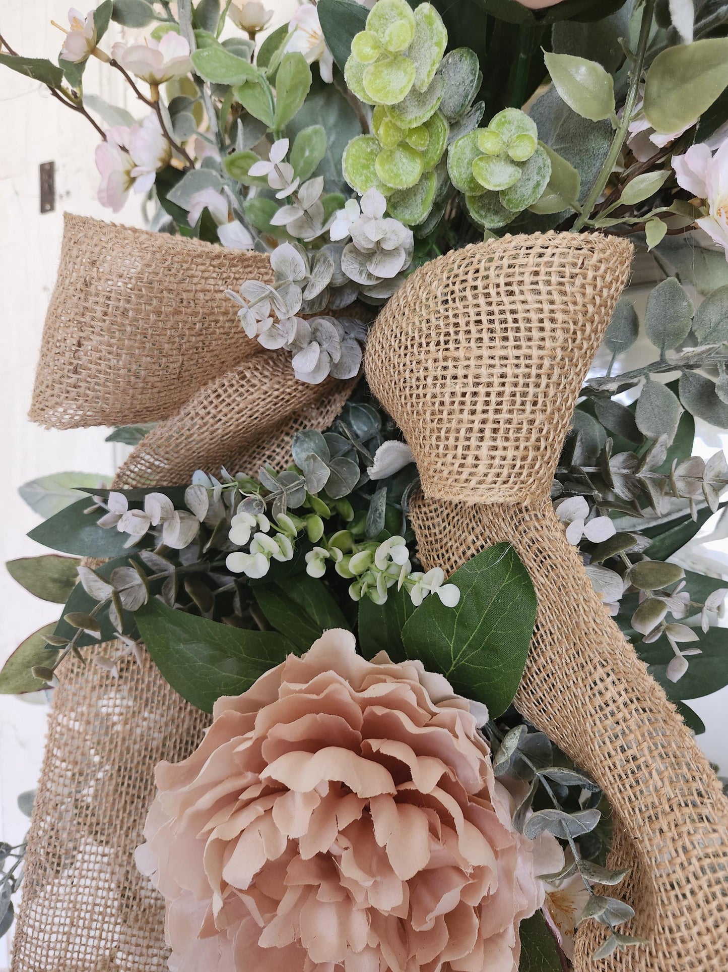 Spring Wreath for Front Door, Blush Pink Peony Wreath, Farmhouse Grapevine Wreath, Everyday Floral Door Decor, Rustic Burlap Bow Wreath