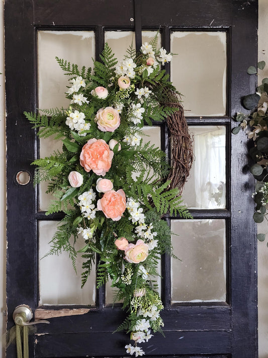 Peach & Cream Cascading Spring Wreath, Asymmetrical Garden Wreath, Romantic Bridal Door Decor, Elegant Year Round Wreath, Moss and Manor