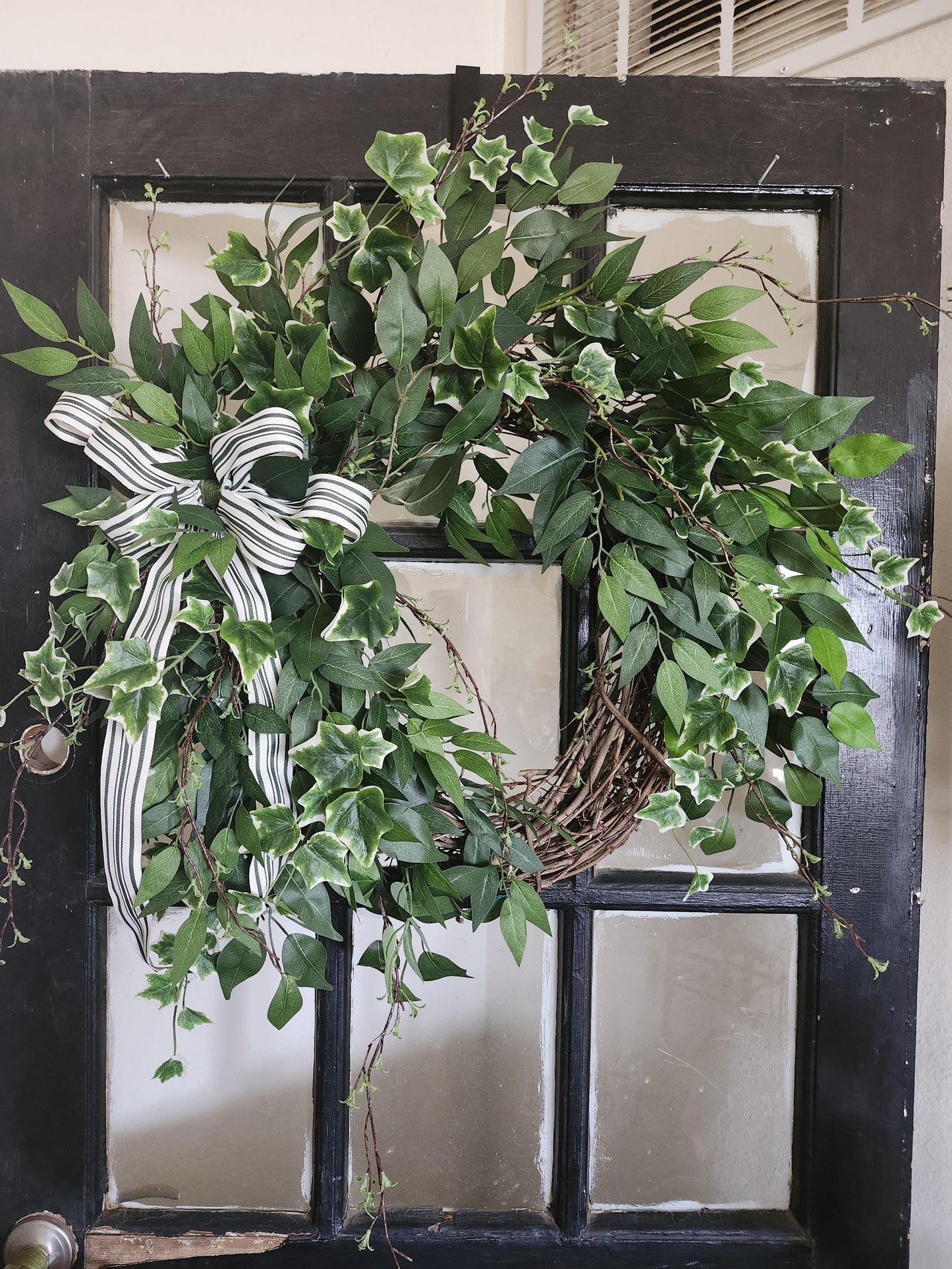 Classic Ivy Estate Wreath | Greenery Door Wreath with Striped Ribbon | Farmhouse Front Door Decor | Everyday Neutral Wreath