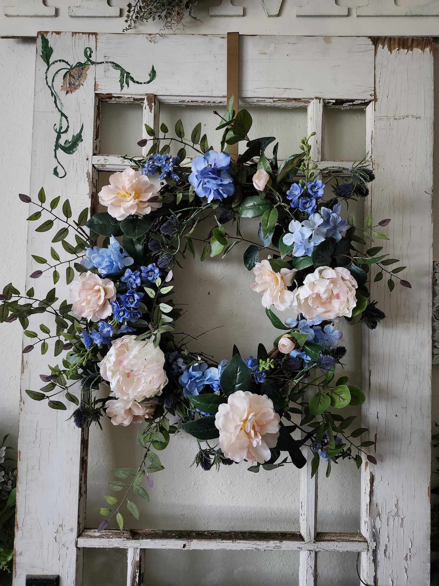 Blue and Blush Garden Estate Wreath | English Cottage Floral Door Wreath | Romantic Hydrangea Peony Wreath | Spring Summer Year Round Wreath