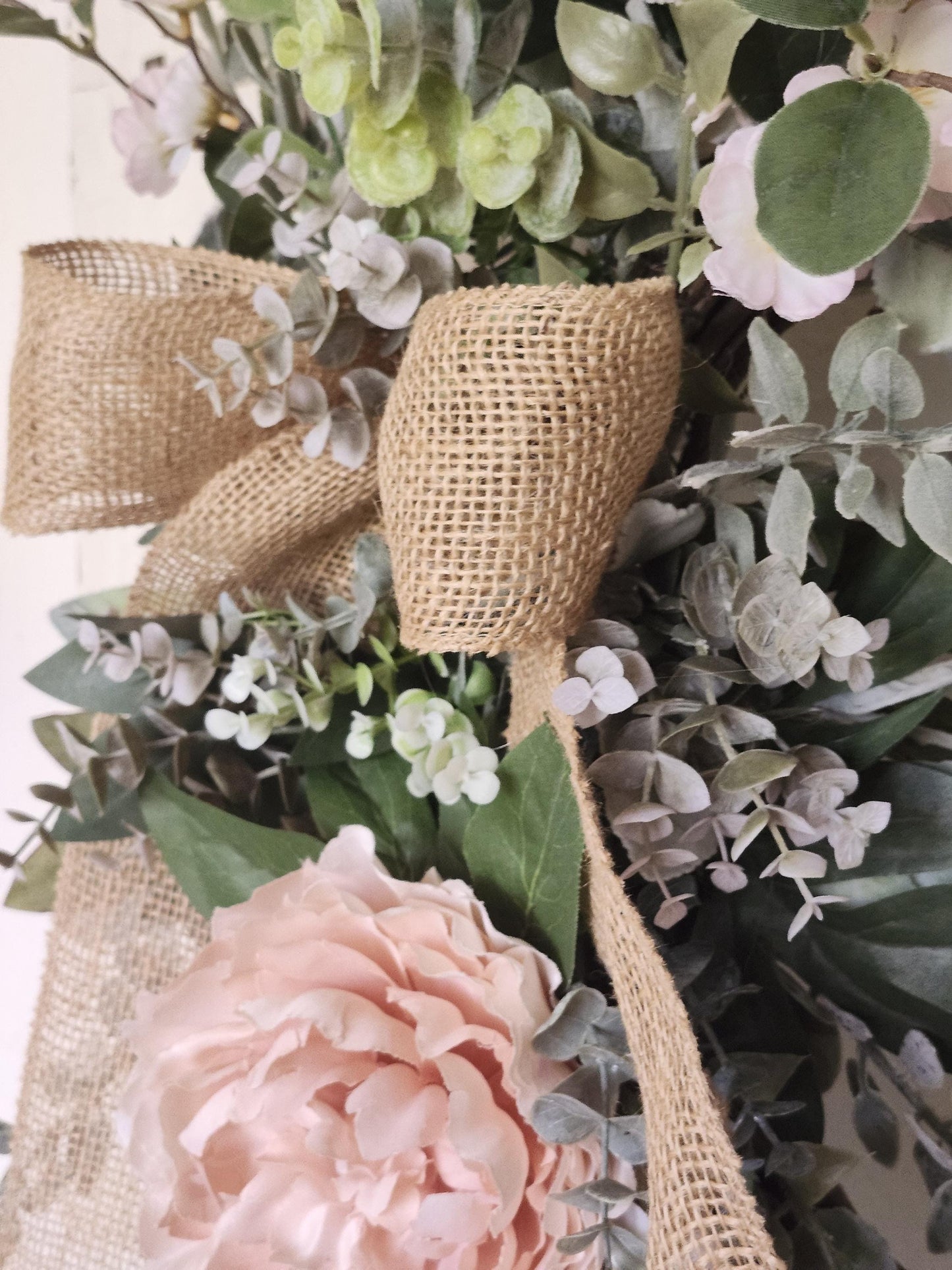 Spring Wreath for Front Door, Blush Pink Peony Wreath, Farmhouse Grapevine Wreath, Everyday Floral Door Decor, Rustic Burlap Bow Wreath