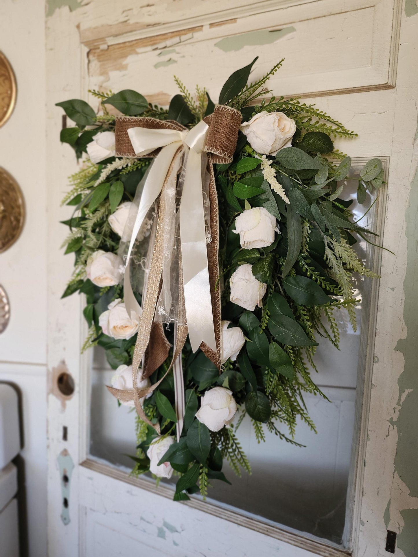 White Rose Standing Swag, Old World Romantic Floral Wall Decor, Wedding Entryway Accent