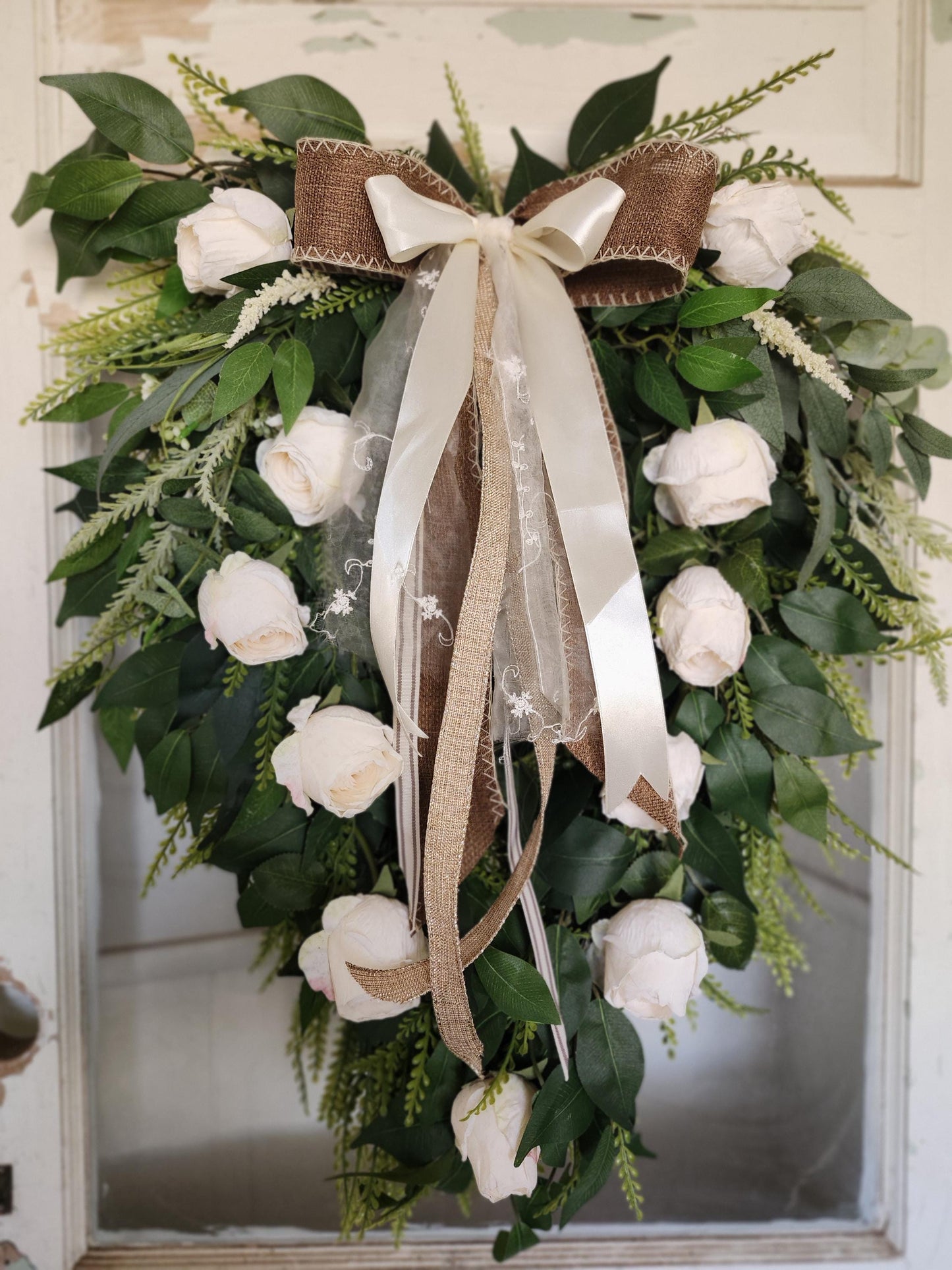 White Rose Standing Swag, Old World Romantic Floral Wall Decor, Wedding Entryway Accent