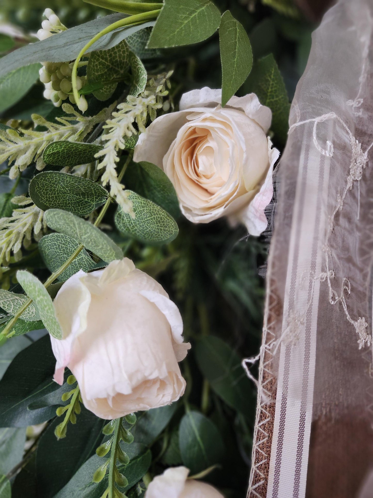 White Rose Standing Swag, Old World Romantic Floral Wall Decor, Wedding Entryway Accent