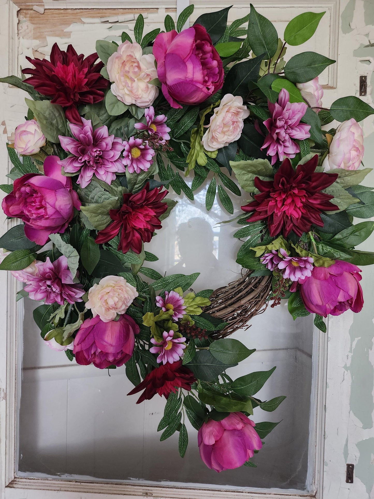 Pink Dahlia Garden Cascade Wreath – The Scarlett | Statement Front Door Decor