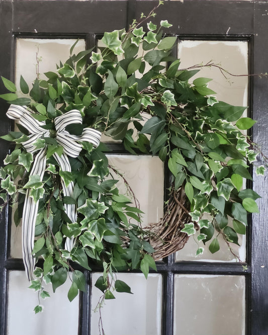 Classic Ivy Estate Wreath | Greenery Door Wreath with Striped Ribbon | Farmhouse Front Door Decor | Everyday Neutral Wreath