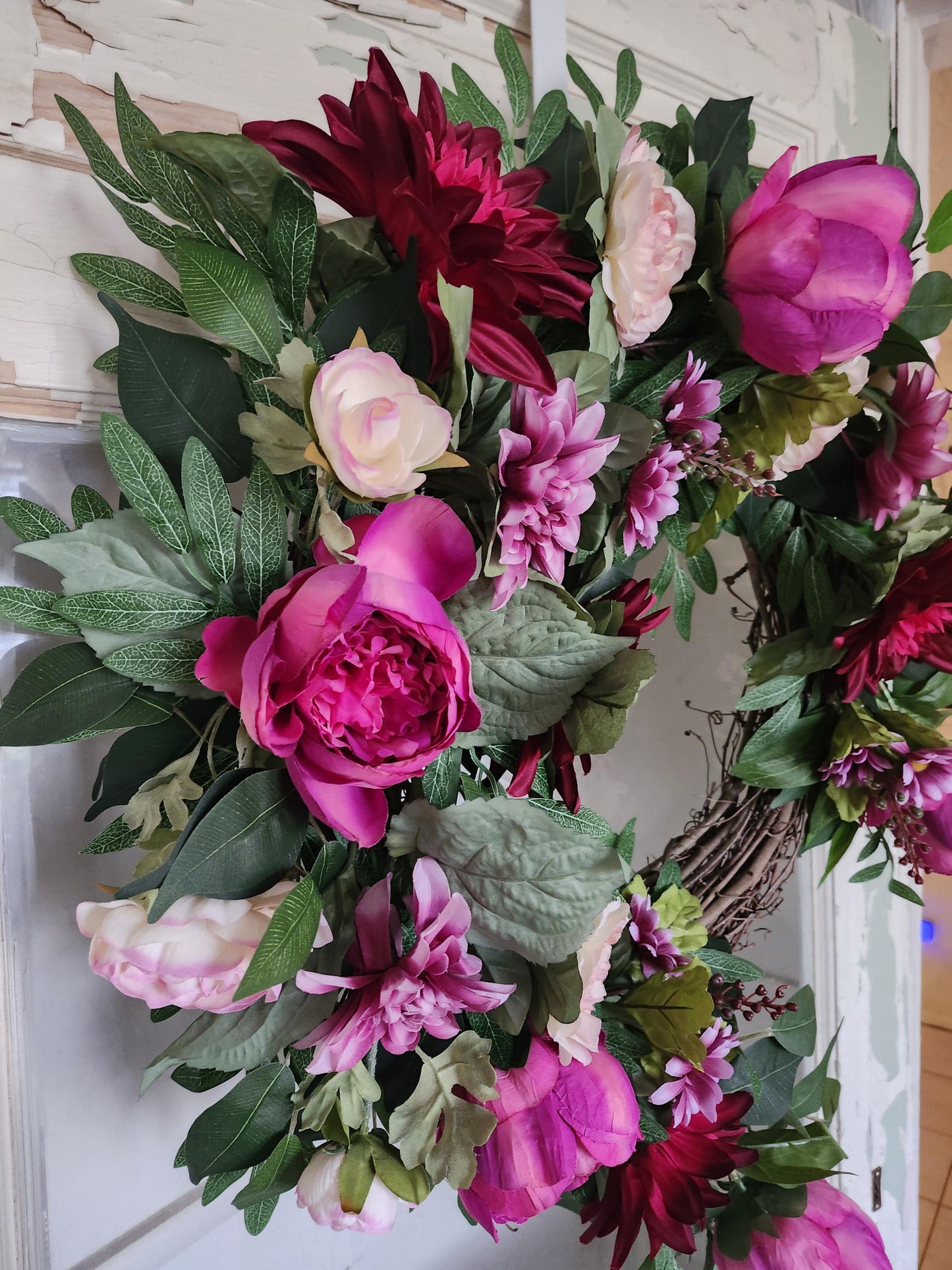 Pink Dahlia Garden Cascade Wreath – The Scarlett | Statement Front Door Decor