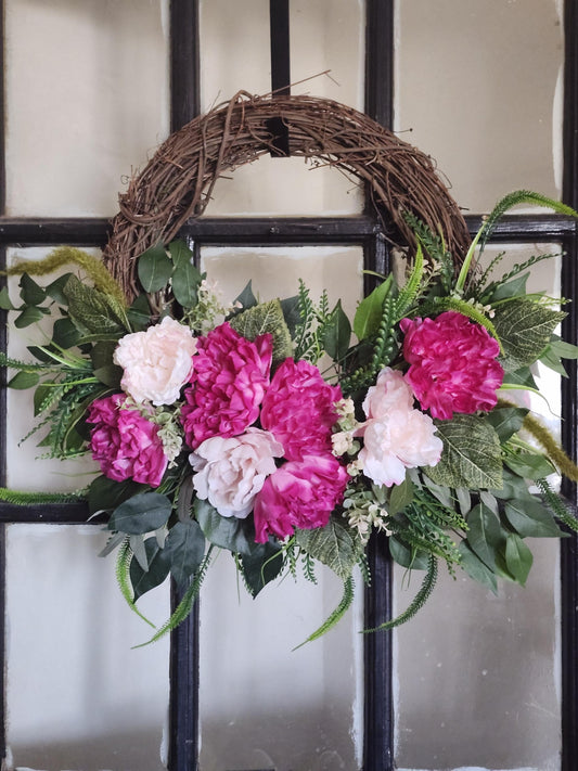 Blush & Fuchsia Estate Wreath | Romantic Pink Peony Grapevine Door Wreath | Spring Front Door Decor | Everyday Cottage Floral