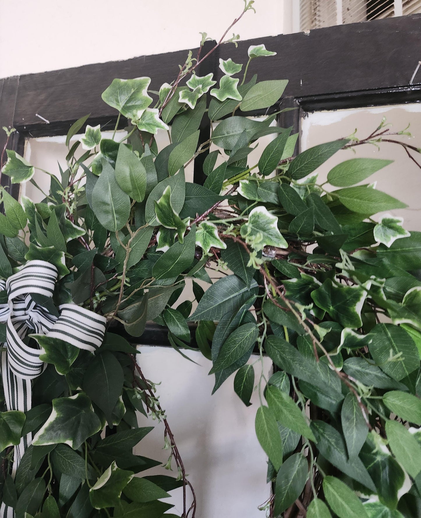 Classic Ivy Estate Wreath | Greenery Door Wreath with Striped Ribbon | Farmhouse Front Door Decor | Everyday Neutral Wreath