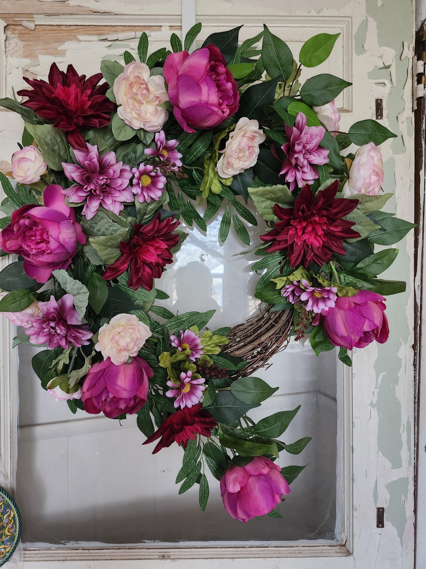 Pink Dahlia Garden Cascade Wreath – The Scarlett | Statement Front Door Decor