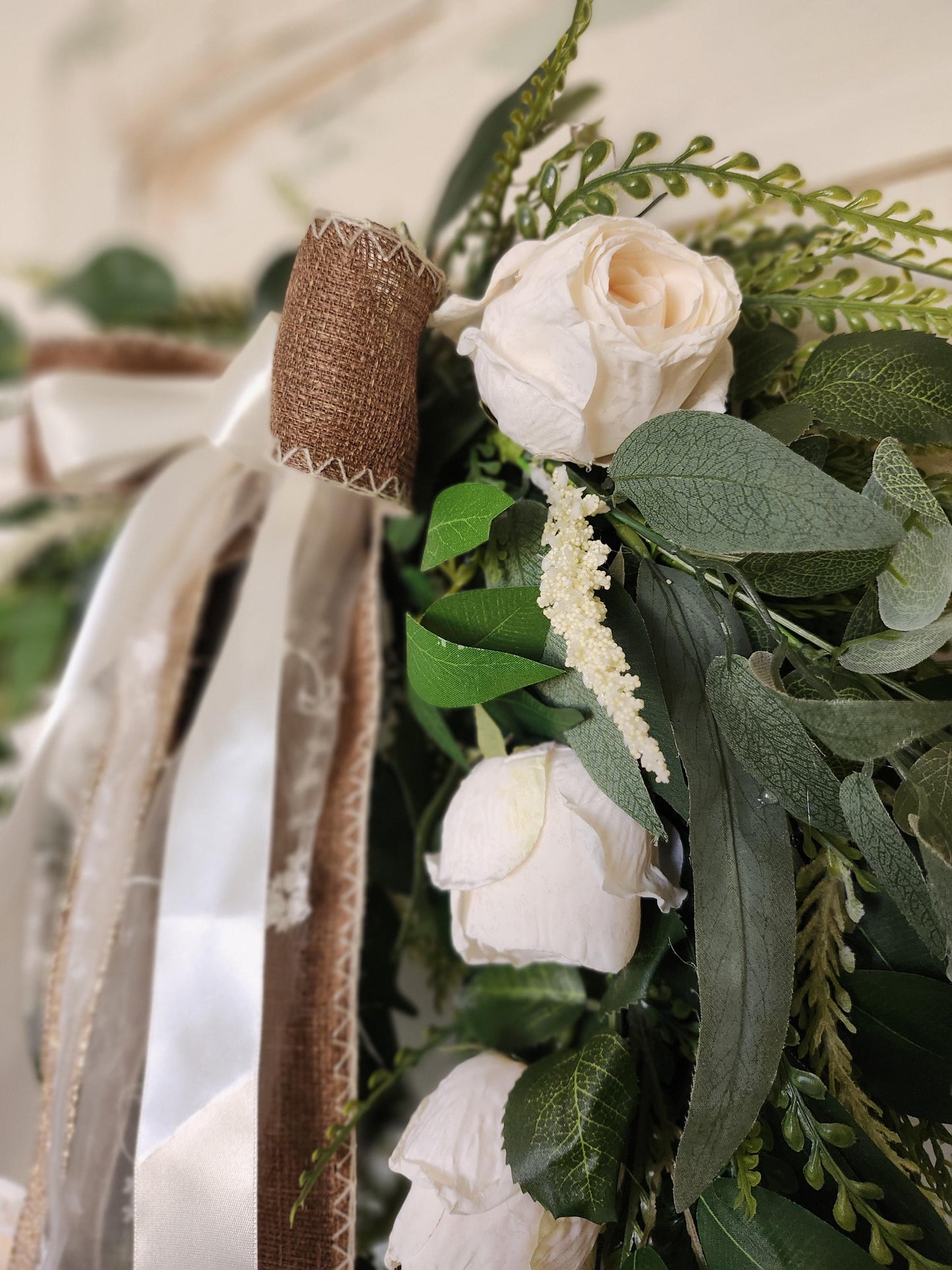 White Rose Standing Swag, Old World Romantic Floral Wall Decor, Wedding Entryway Accent