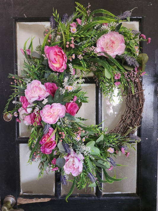 Blush  Garden Estate Crescent Wreath | Romantic Pink and Purple Floral Door Decor | Moss & Manor Handmade