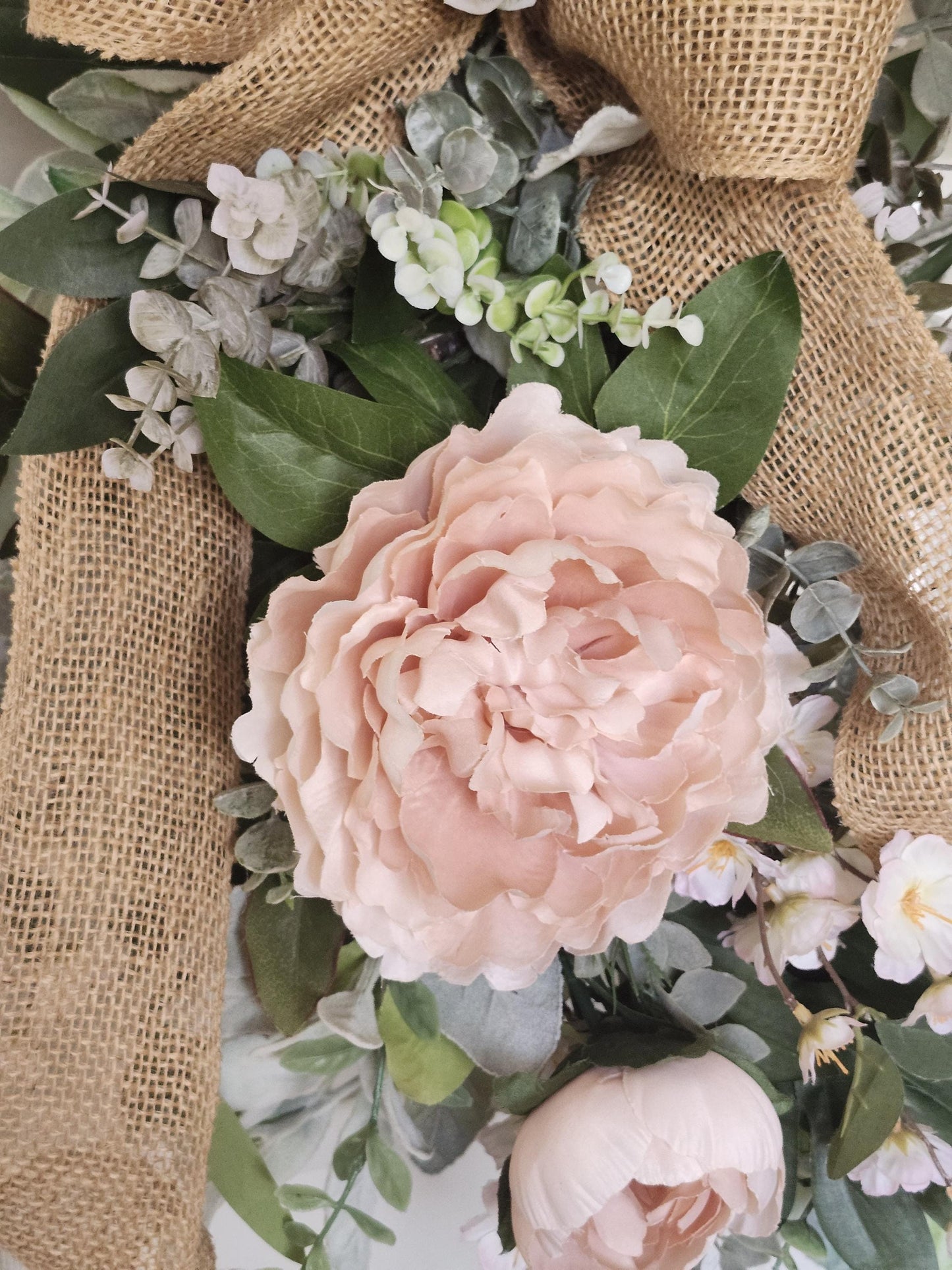Spring Wreath for Front Door, Blush Pink Peony Wreath, Farmhouse Grapevine Wreath, Everyday Floral Door Decor, Rustic Burlap Bow Wreath