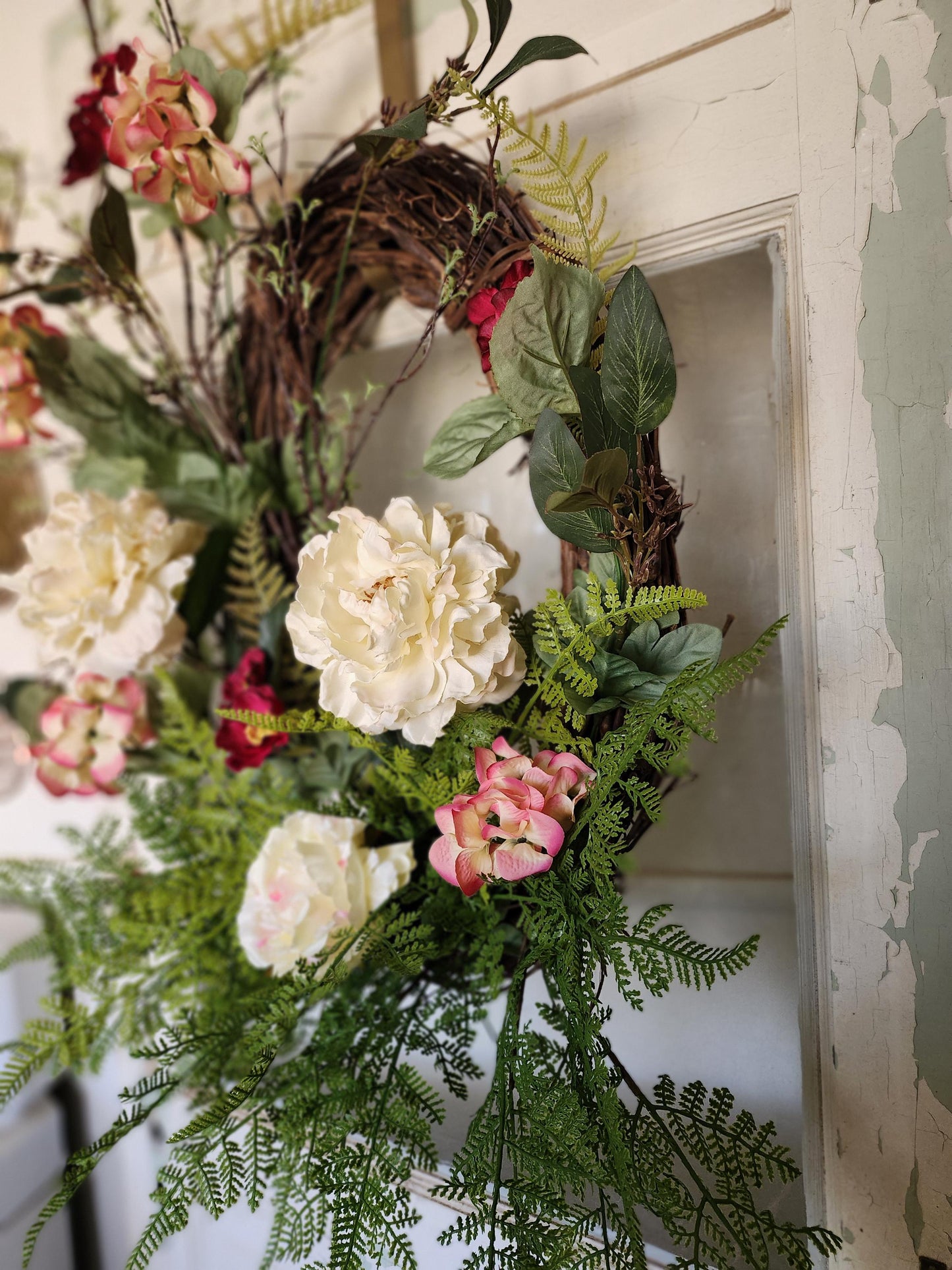 Estate Garden Wreath – Cream Peony, Raspberry Bloom Grapevine Door Decor