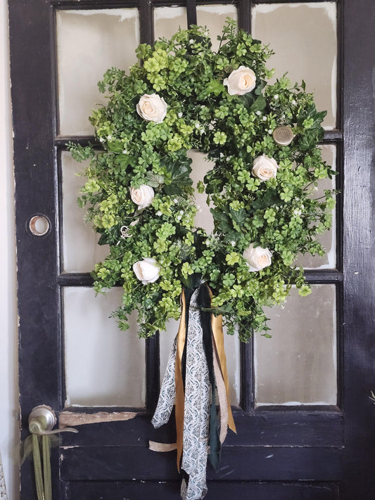 Emerald Estate Greenery Wreath | Romantic Ivory Rose Door Wreath | Elegant Everyday Front Door Decor | St. Patrick's Day decor