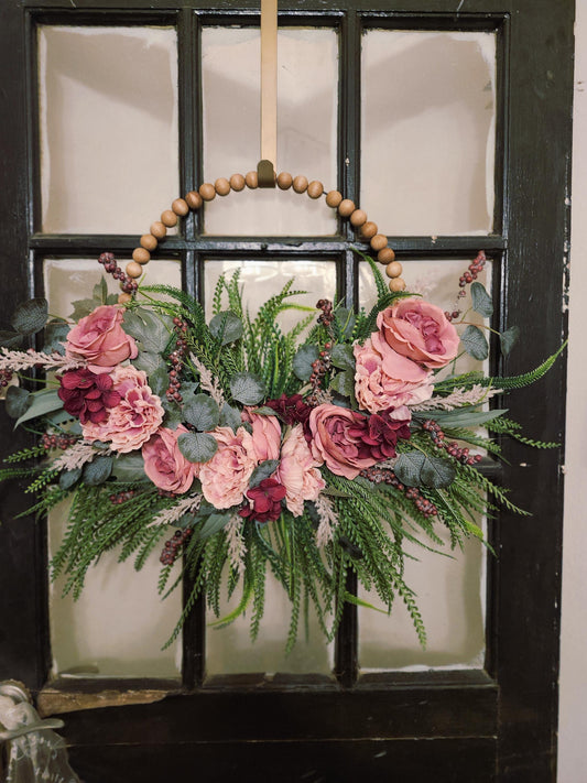 Rose Spring Wreath | Farmhouse Wooden Bead Door Decor