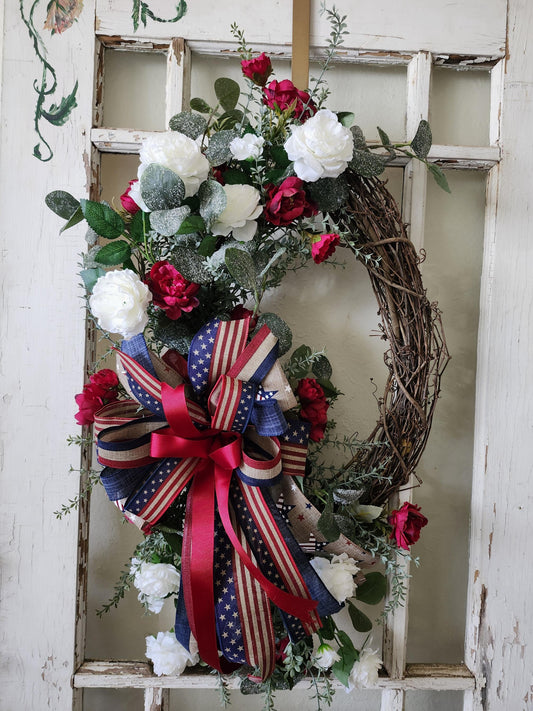 Patriotic Floral Door Swag, Red White Blue Wreath, Americana Front Door Decor, Summer Memorial Day Wreath, Rustic Elegant Wreath
