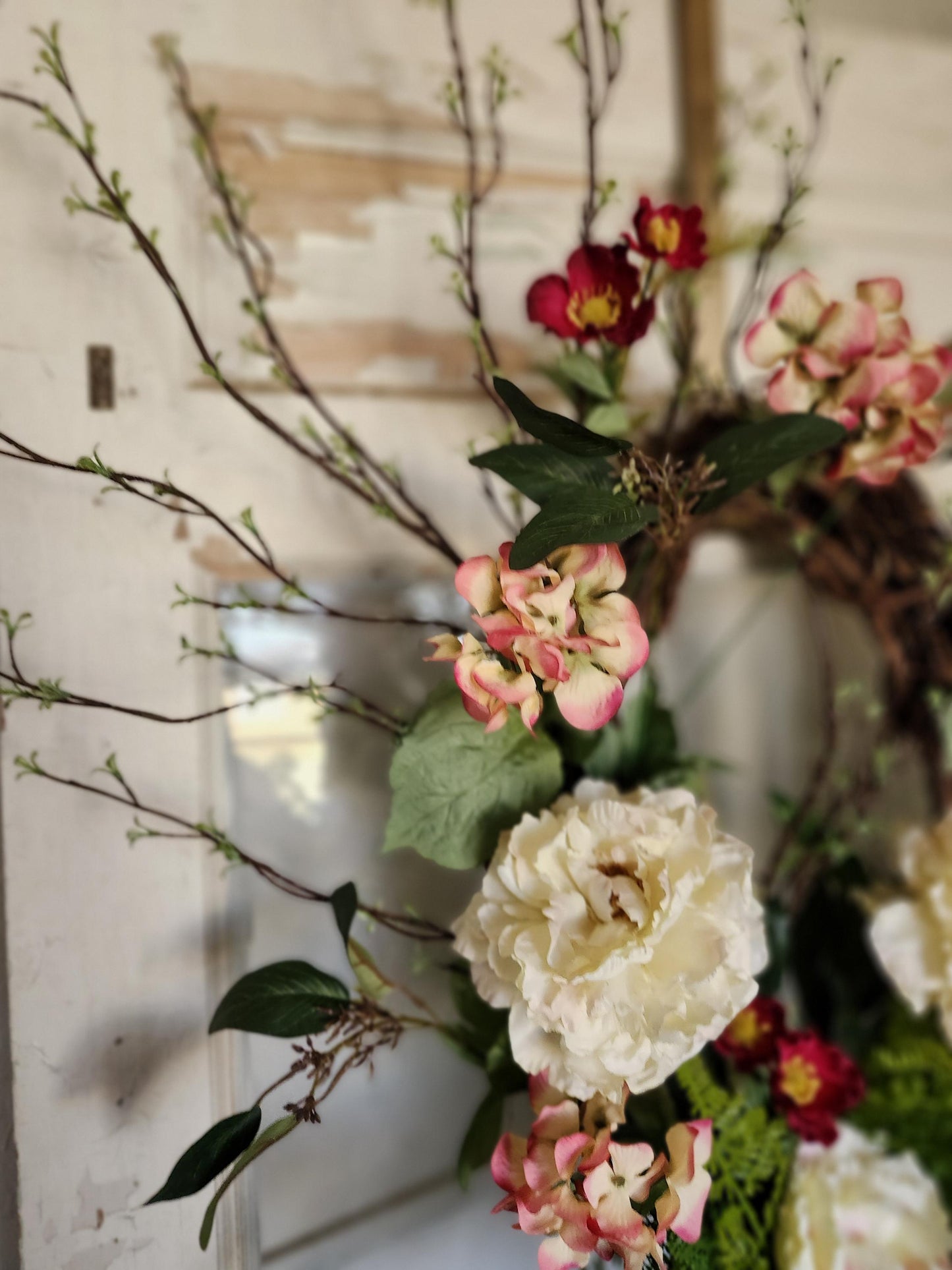 Estate Garden Wreath – Cream Peony, Raspberry Bloom Grapevine Door Decor