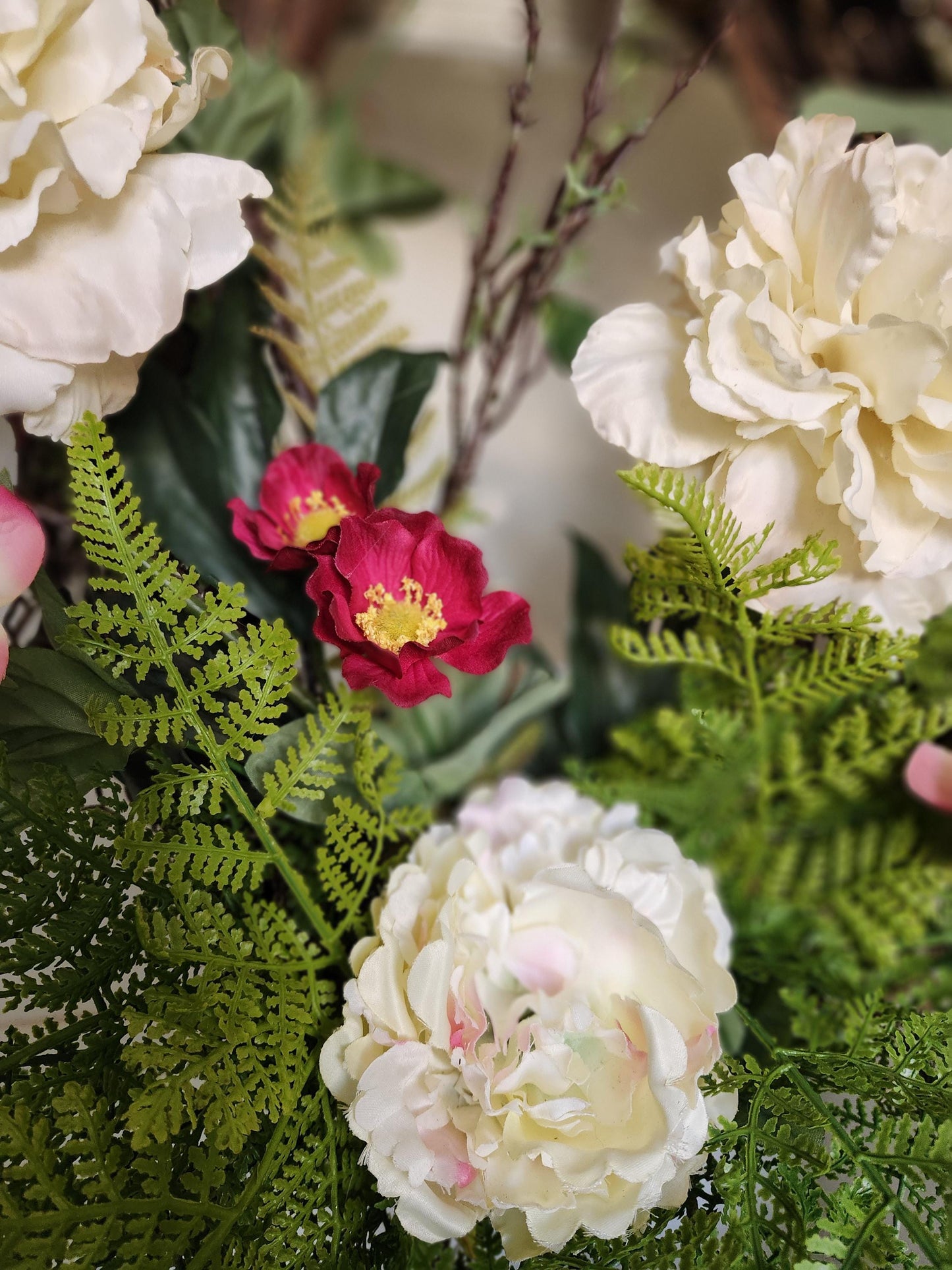 Estate Garden Wreath – Cream Peony, Raspberry Bloom Grapevine Door Decor