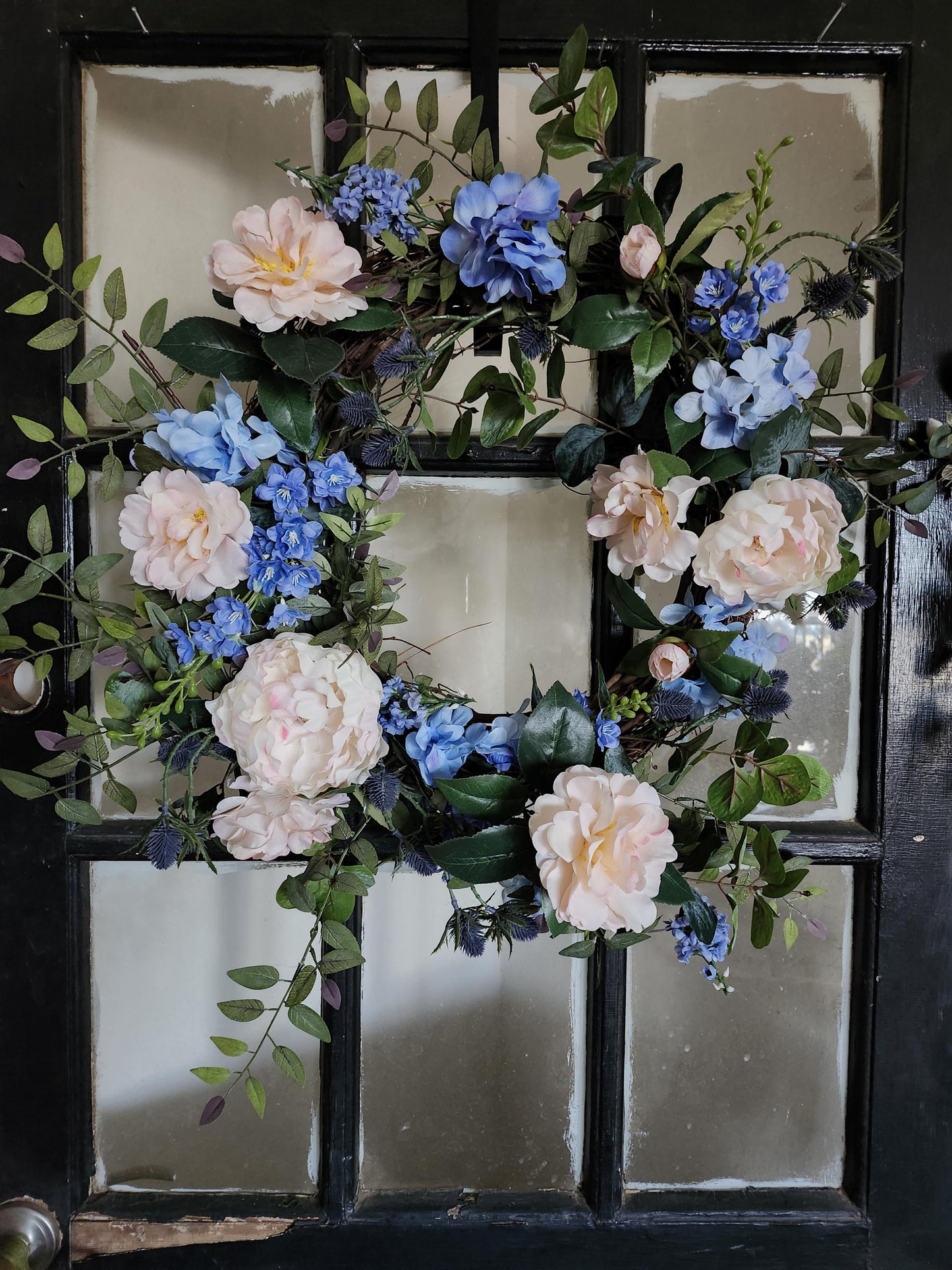 Blue and Blush Garden Estate Wreath | English Cottage Floral Door Wreath | Romantic Hydrangea Peony Wreath | Spring Summer Year Round Wreath