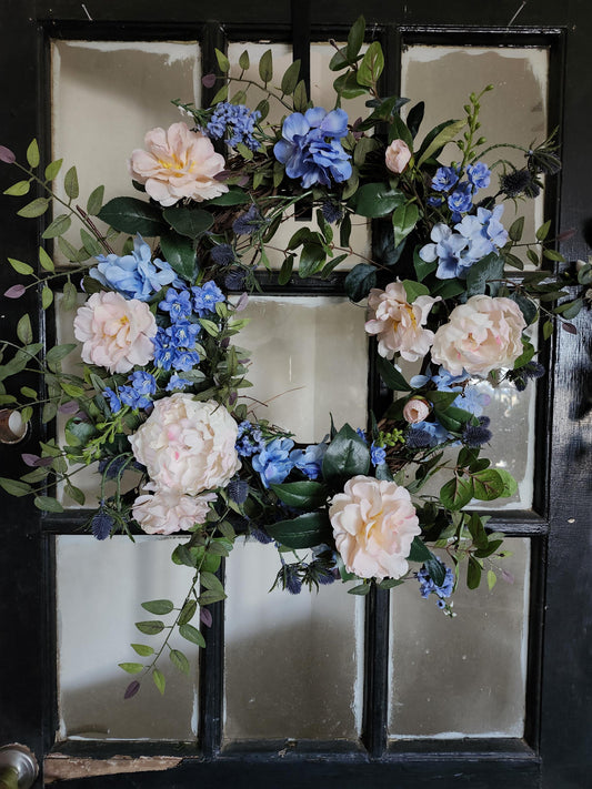 Blue and Blush Garden Estate Wreath | English Cottage Floral Door Wreath | Romantic Hydrangea Peony Wreath | Spring Summer Year Round Wreath