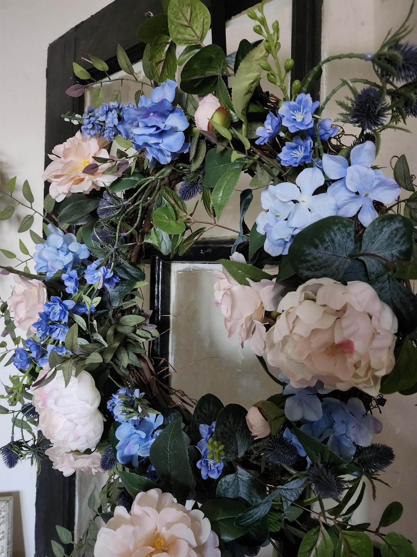 Blue and Blush Garden Estate Wreath | English Cottage Floral Door Wreath | Romantic Hydrangea Peony Wreath | Spring Summer Year Round Wreath