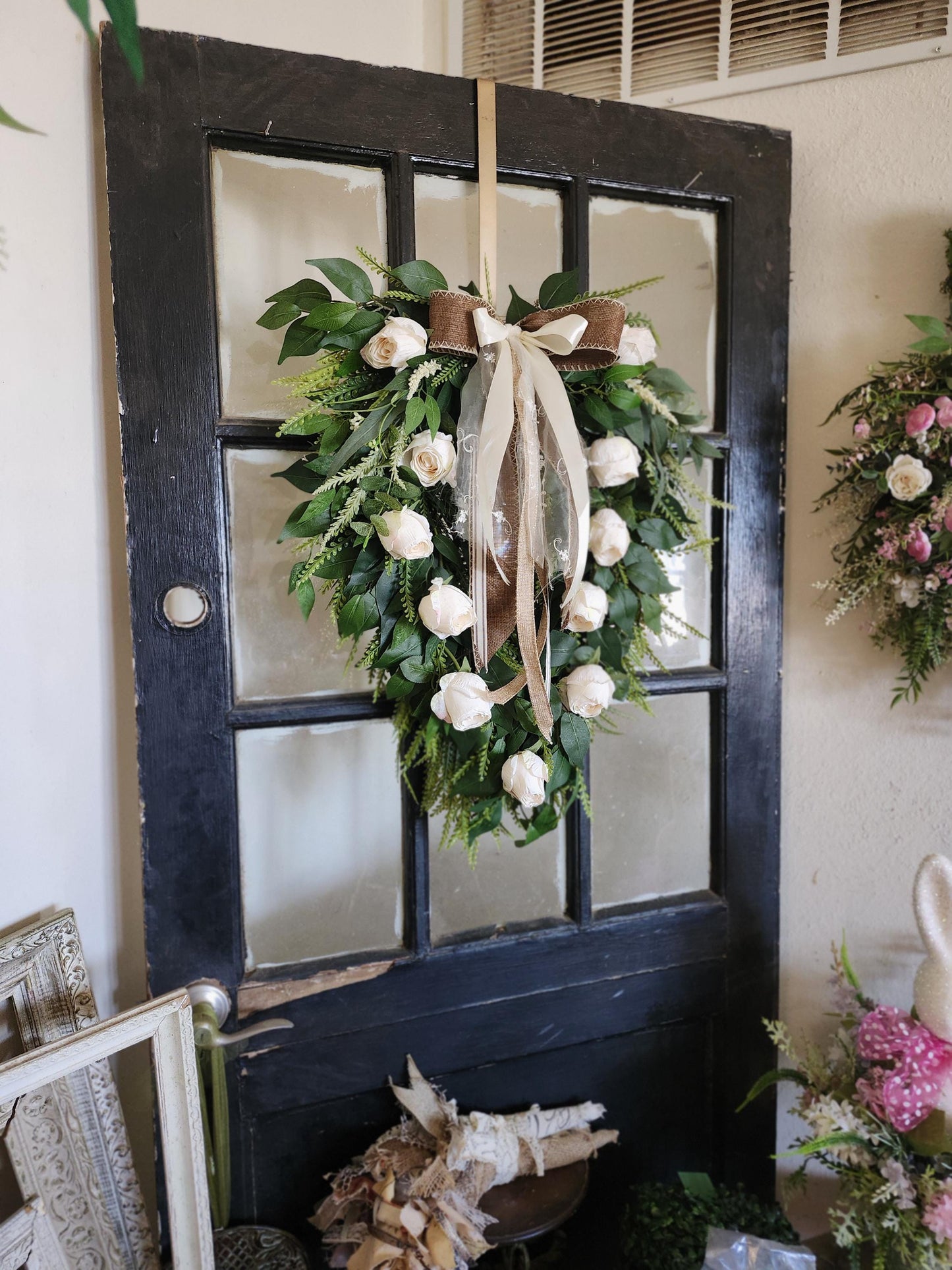 White Rose Standing Swag, Old World Romantic Floral Wall Decor, Wedding Entryway Accent