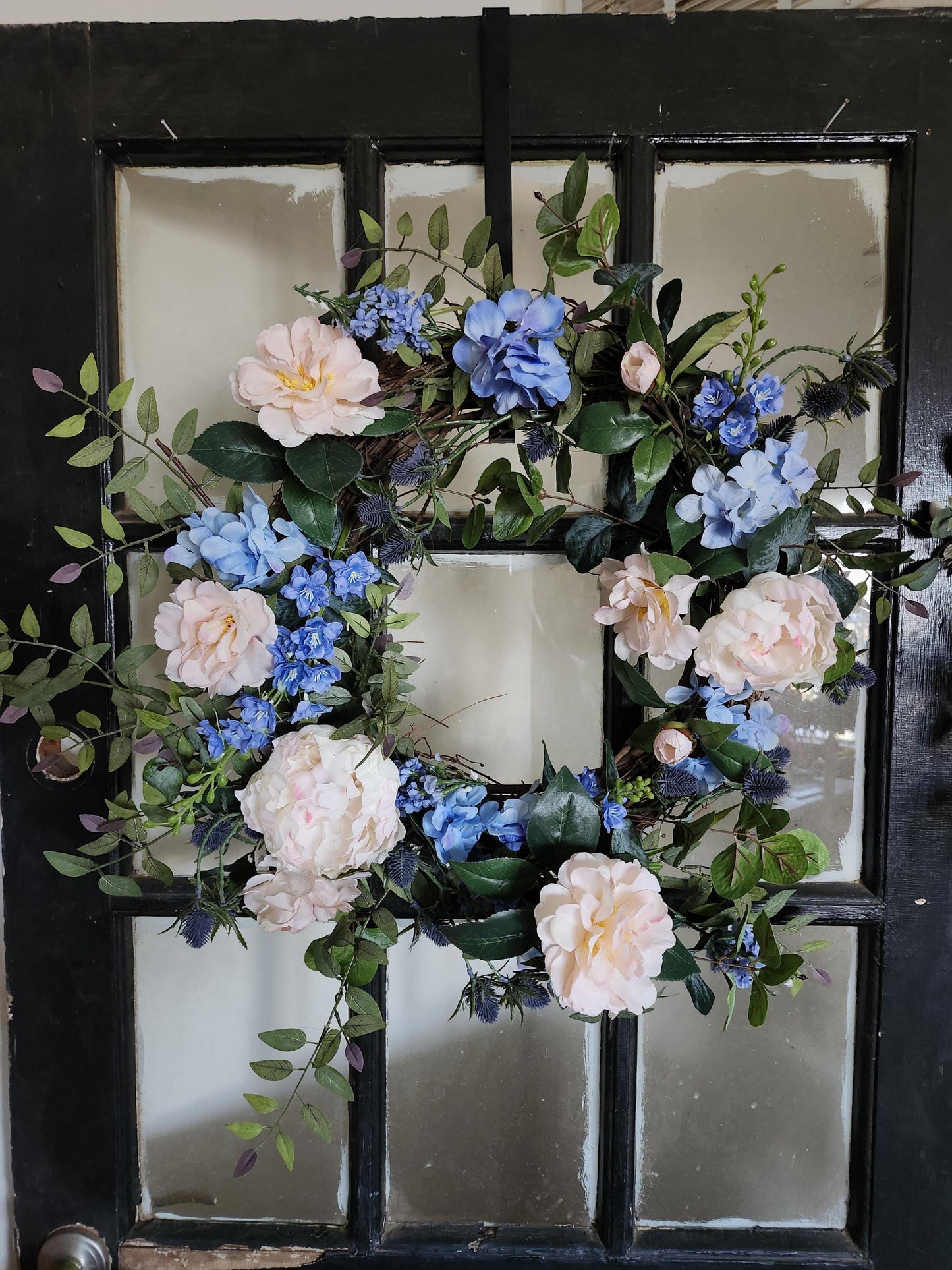 Blue and Blush Garden Estate Wreath | English Cottage Floral Door Wreath | Romantic Hydrangea Peony Wreath | Spring Summer Year Round Wreath