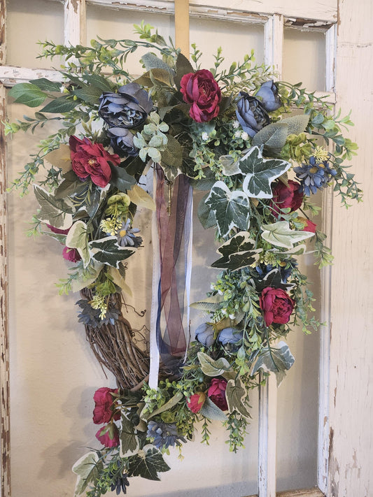 Patriotic Floral Wreath, Red Blue Summer Wreath, Elegant Americana Decor, Grapevine Cascade Wreath, Front Door Wreath, Estate Style