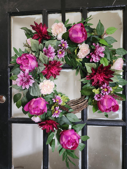 Pink Dahlia Garden Cascade Wreath – The Scarlett | Statement Front Door Decor