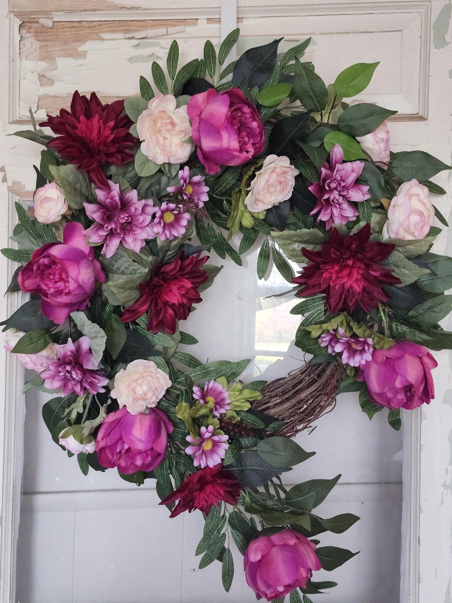 Pink Dahlia Garden Cascade Wreath – The Scarlett | Statement Front Door Decor