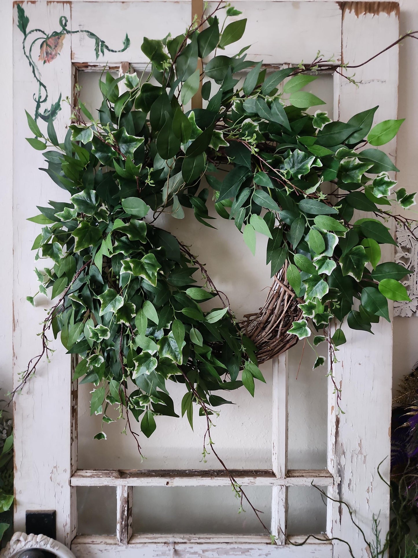 Classic Ivy Estate Wreath | Greenery Door Wreath with Striped Ribbon | Farmhouse Front Door Decor | Everyday Neutral Wreath