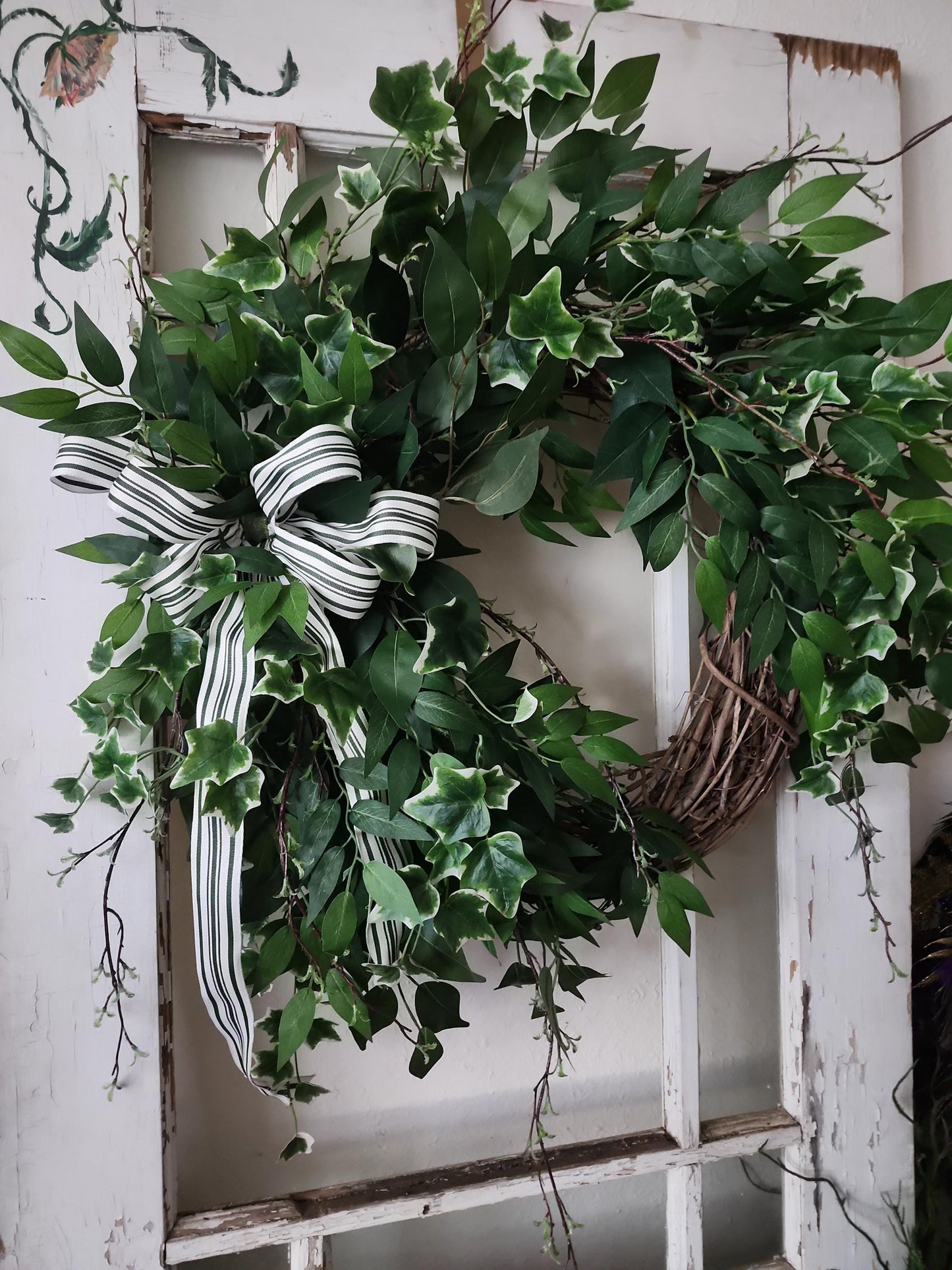Classic Ivy Estate Wreath | Greenery Door Wreath with Striped Ribbon | Farmhouse Front Door Decor | Everyday Neutral Wreath