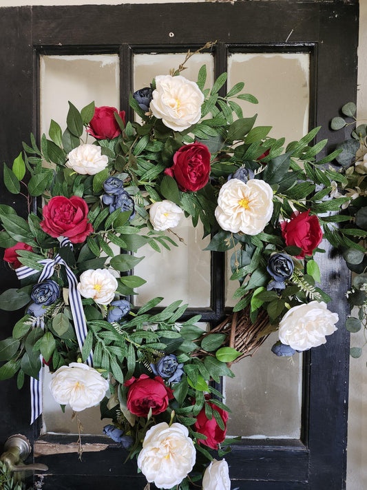 Estate Americana Wreath, Elegant Red White Blue Floral Wreath, Romantic Cottage Garden Door Decor, Year Round Patriotic Grapevine Wreath