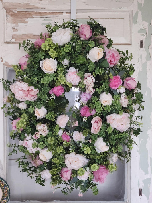 Blush Pink English Garden Wreath – Romantic Estate Floral Wreath, Wedding or Year Round Interior Decor, Cottage Garden Roses
