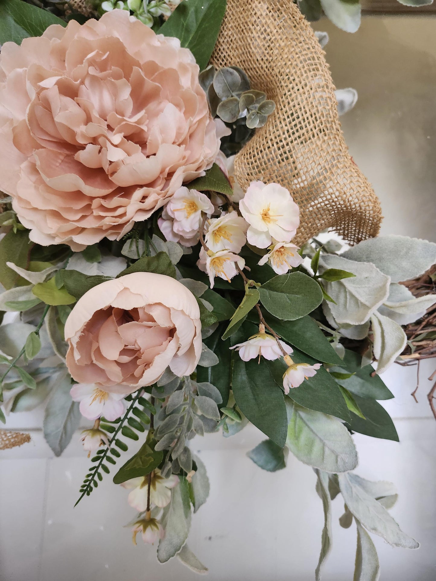 Spring Wreath for Front Door, Blush Pink Peony Wreath, Farmhouse Grapevine Wreath, Everyday Floral Door Decor, Rustic Burlap Bow Wreath