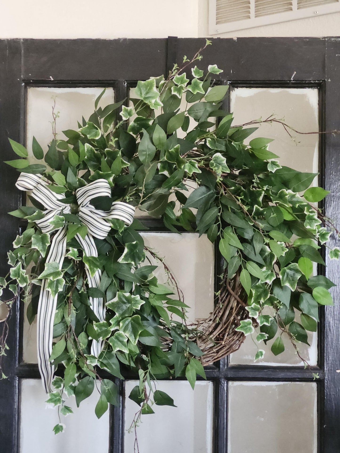 Classic Ivy Estate Wreath | Greenery Door Wreath with Striped Ribbon | Farmhouse Front Door Decor | Everyday Neutral Wreath