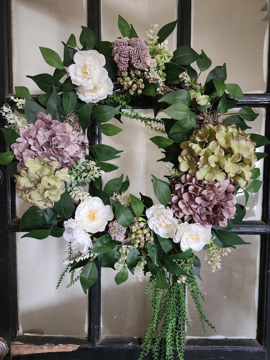 Mauve & Moss Hydrangea Wreath – Cream Floral Wreath with Cascading Greenery – Romantic Estate Style – Year Round Front Door Decor
