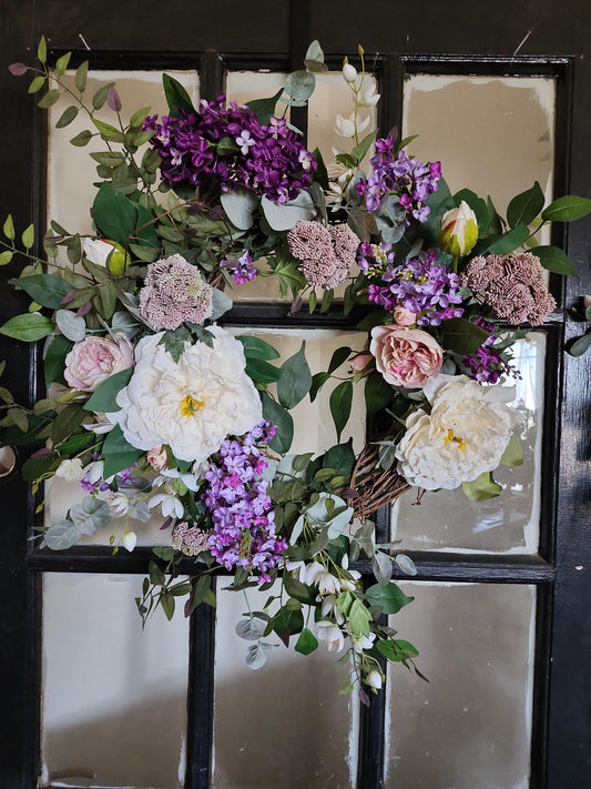 English Garden Cascade Wreath – Dramatic Blush Peony & Lilac Floral Wreath, Romantic Cottage Estate Decor, All-Year Interior or Door Wreath