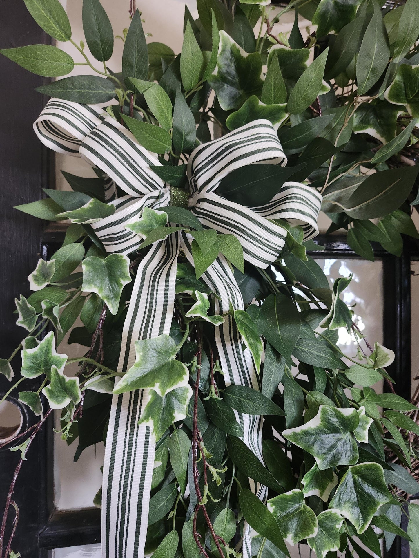 Classic Ivy Estate Wreath | Greenery Door Wreath with Striped Ribbon | Farmhouse Front Door Decor | Everyday Neutral Wreath