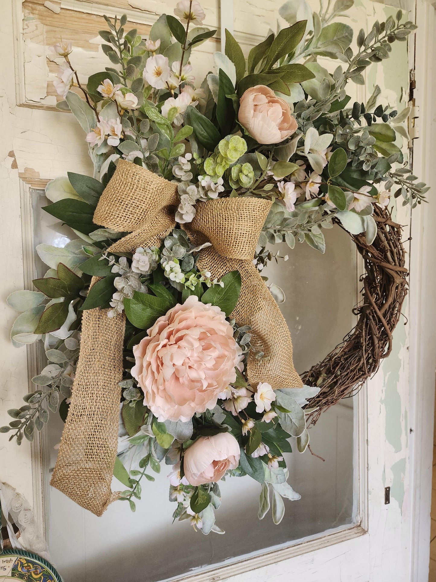 Spring Wreath for Front Door, Blush Pink Peony Wreath, Farmhouse Grapevine Wreath, Everyday Floral Door Decor, Rustic Burlap Bow Wreath