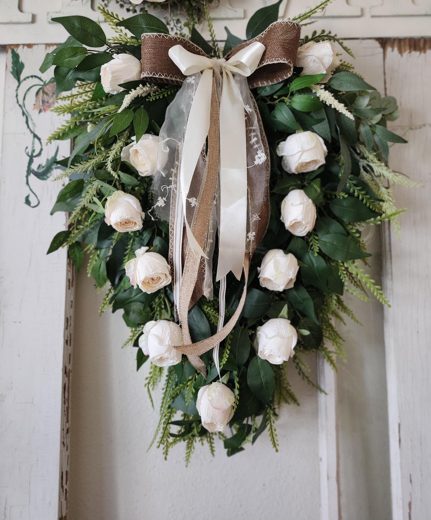 White Rose Standing Swag, Old World Romantic Floral Wall Decor, Wedding Entryway Accent