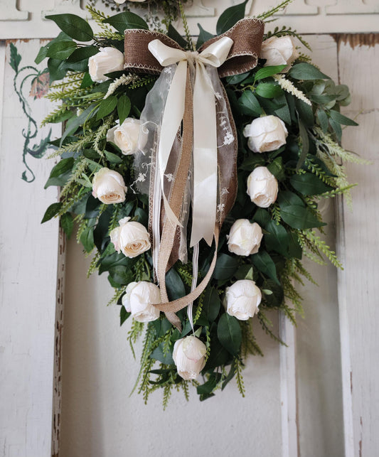 White Rose Standing Swag, Old World Romantic Floral Wall Decor, Wedding Entryway Accent